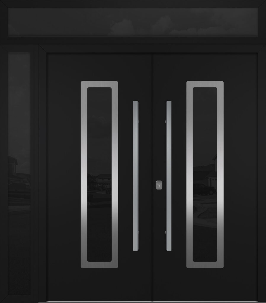 Nova Inox S1 Black Modern Exterior Double Door w Left Sidelight & Transom Right-in